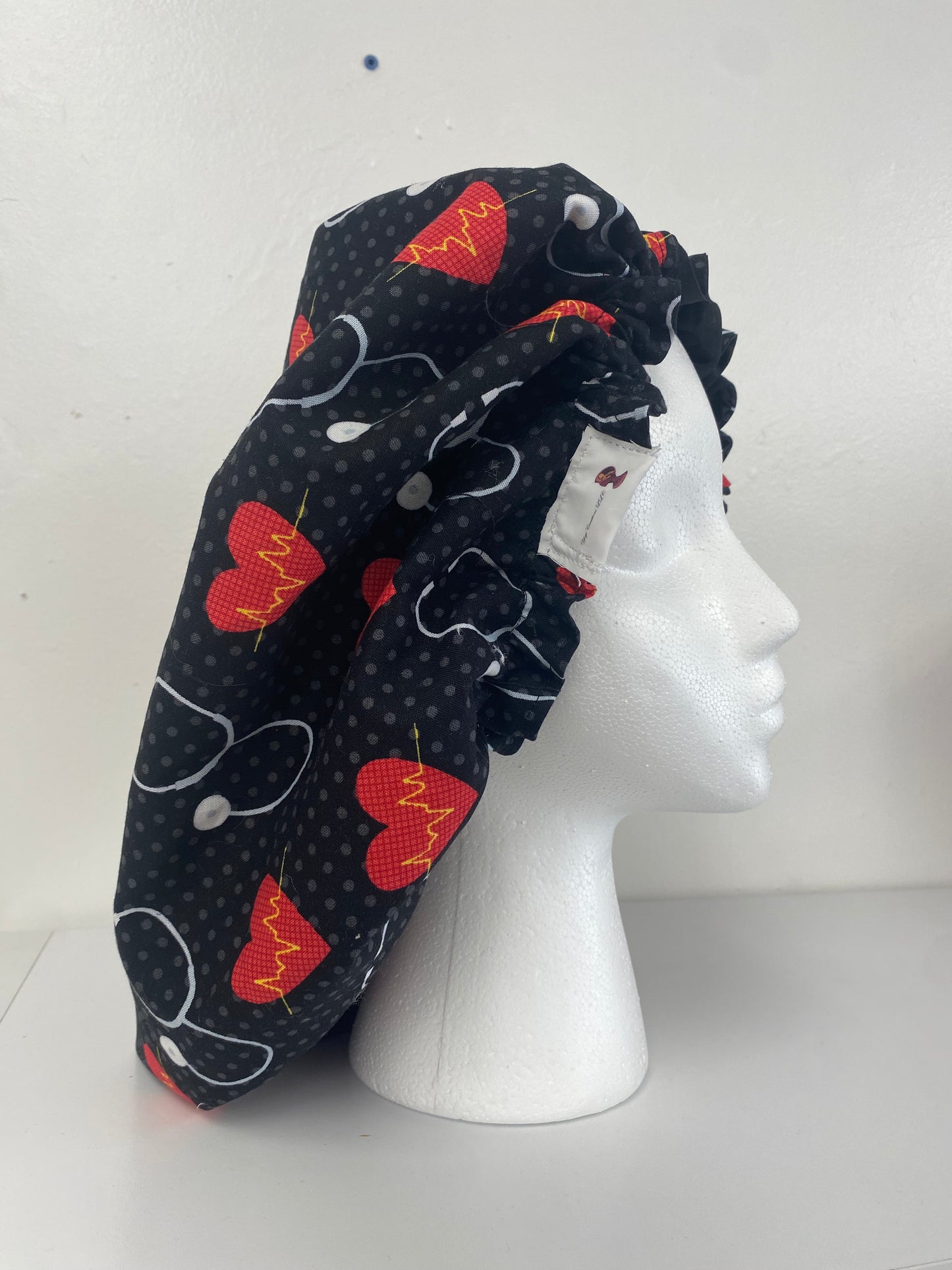 Black Bonnet with Red Hearts and Stethoscopes, Black Satin on the inside