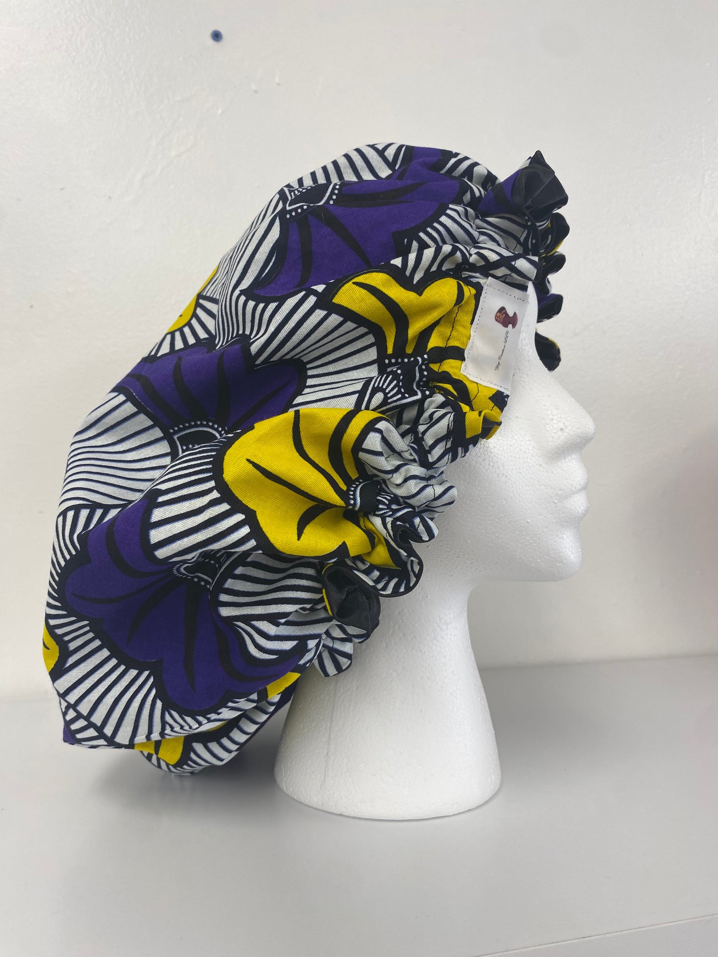 Purple and Yellow Flower Bonnet with Black Satin inside