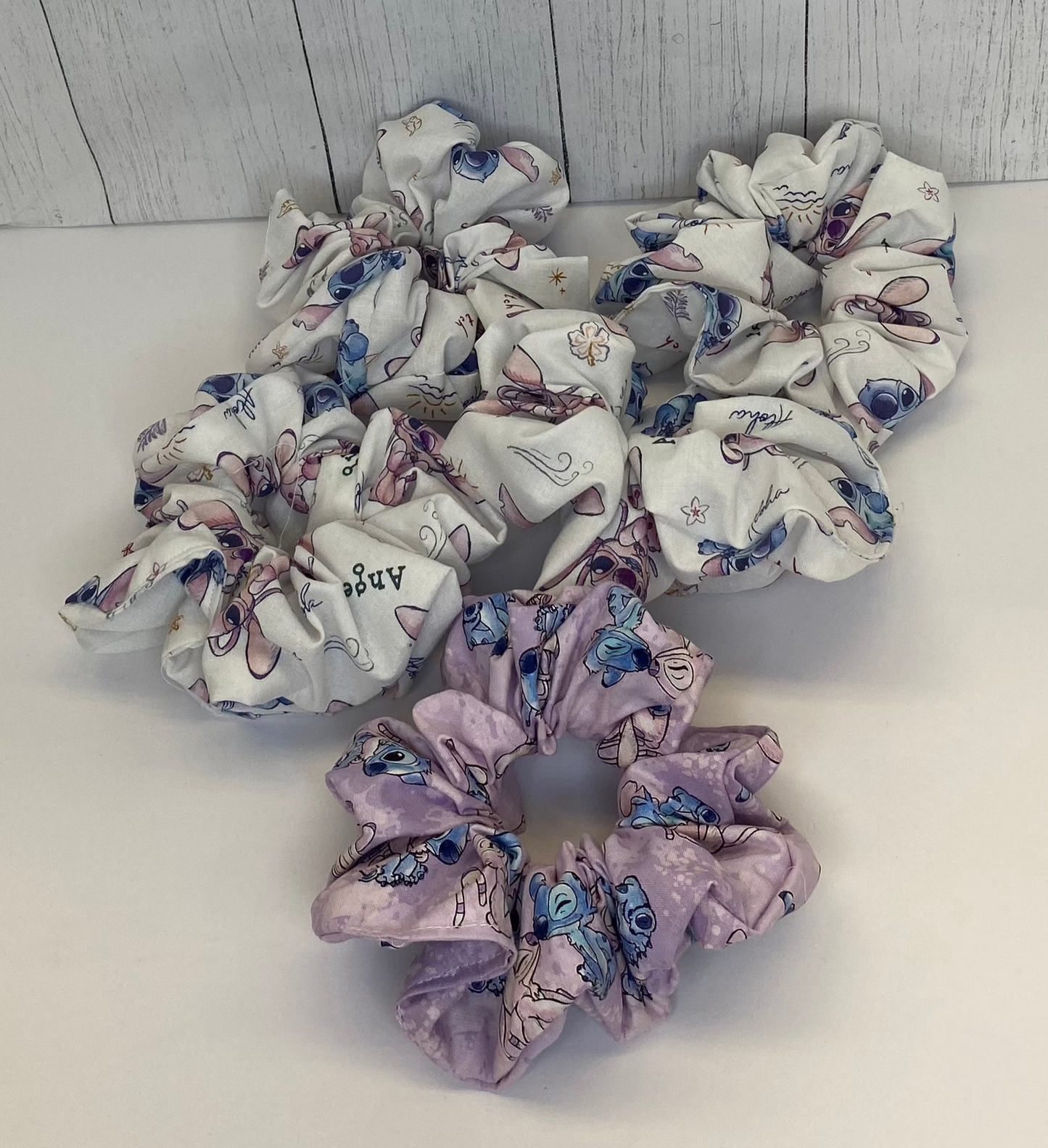 Large Cotton Stitch and Angel Scrunchies with White Background