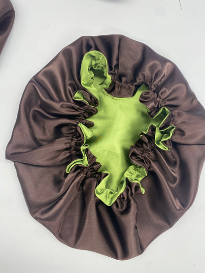Reversible Satin Bonnet Olive Green and Brown