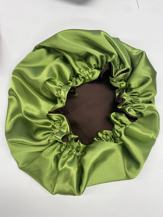Reversible Satin Bonnet Olive Green and Brown