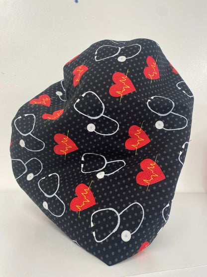Black Bonnet with Red Hearts and Stethoscopes, Black Satin on the inside
