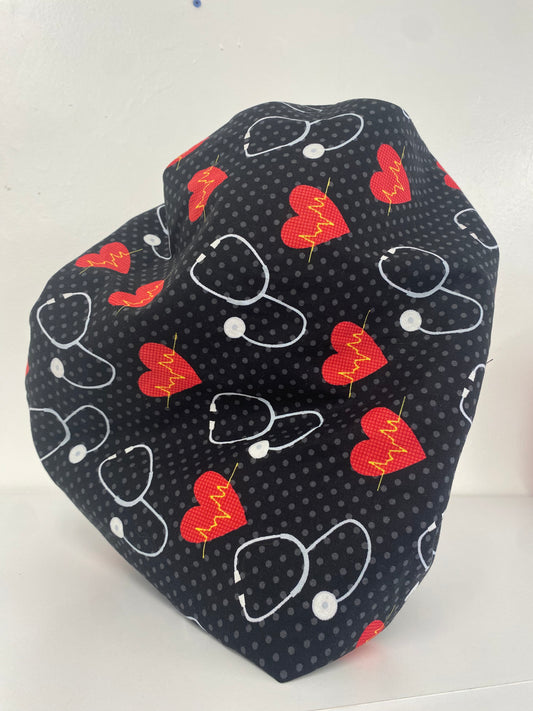 Black Bonnet with Red Hearts and Stethoscopes, Black Satin on the inside