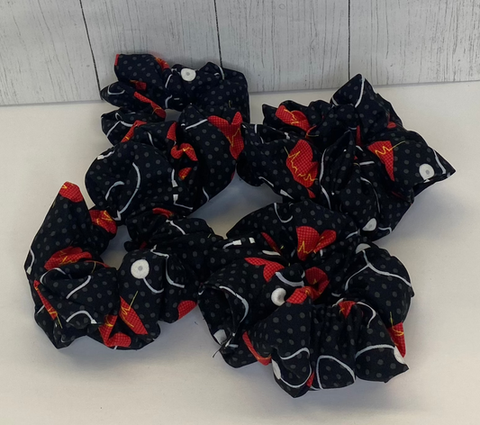 Large Black Cotton Scrunchie with Hearts and Stethoscopes